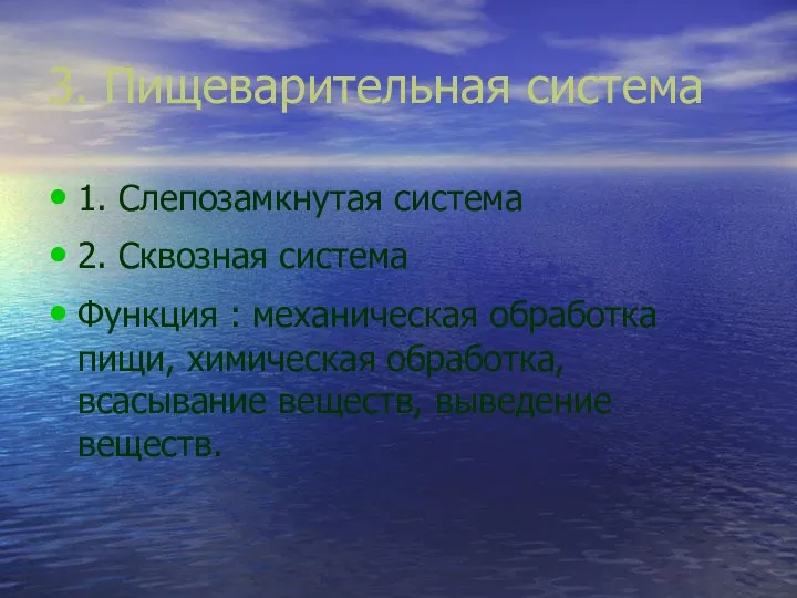 3. Пищеварительная система 1. Слепозамкнутая система 2. Сквозная система Функция :