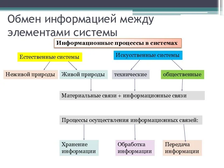 Обмен информацией между элементами системы Информационные процессы в системах Естественные системы