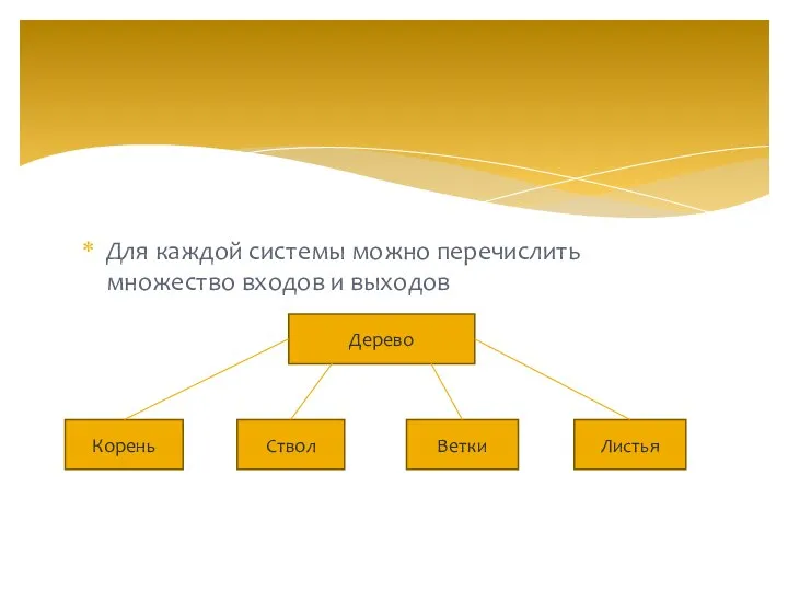 Для каждой системы можно перечислить множество входов и выходов Дерево Ветки Листья Ствол Корень