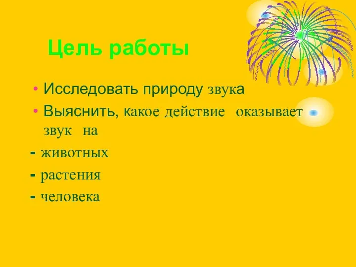 Цель работы Исследовать природу звука Выяснить, какое действие оказывает звук на