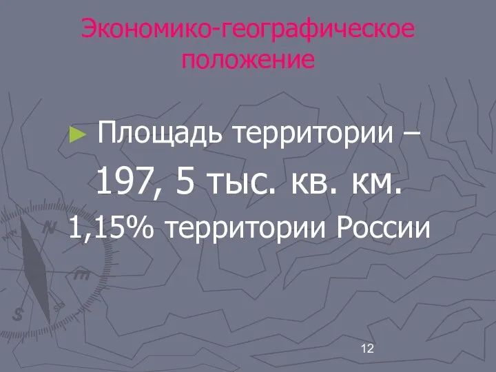 Экономико-географическое положение Площадь территории – 197, 5 тыс. кв. км. 1,15% территории России