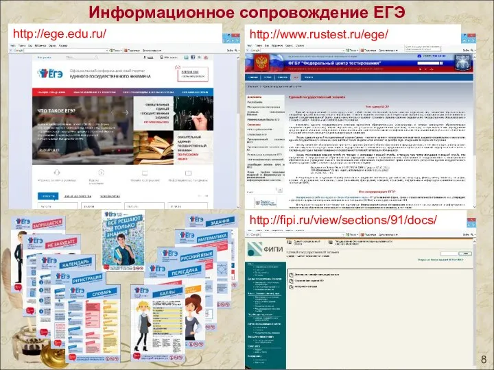 Информационное сопровождение ЕГЭ http://ege.edu.ru/ http://www.rustest.ru/ege/ http://fipi.ru/view/sections/91/docs/