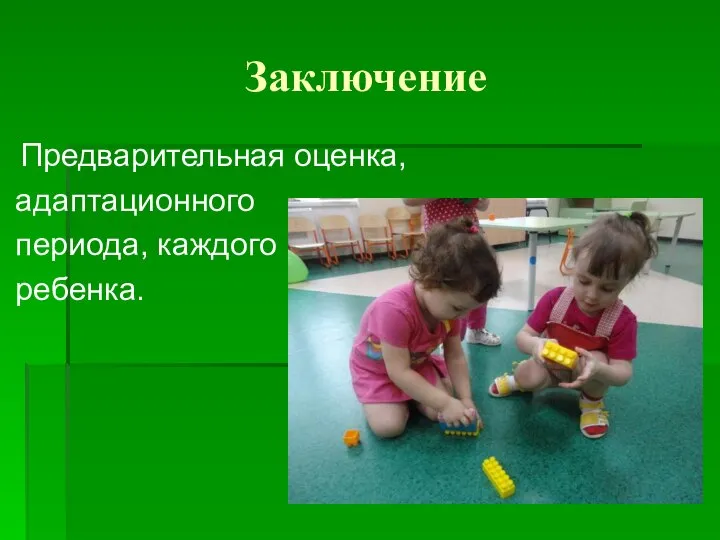 Заключение Предварительная оценка, адаптационного периода, каждого ребенка.