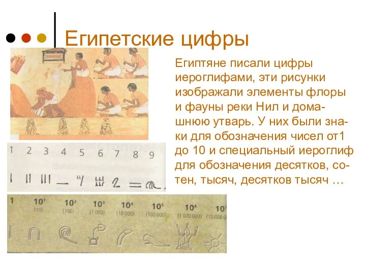 Египетские цифры Египтяне писали цифры иероглифами, эти рисунки изображали элементы флоры