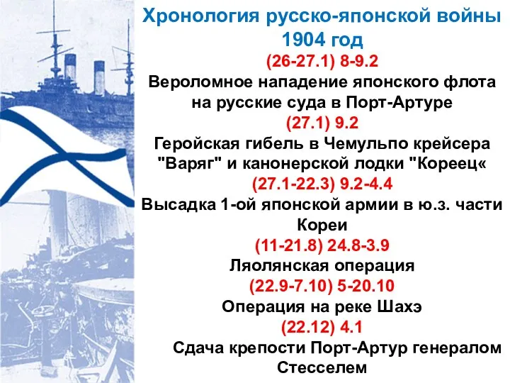 Хронология русско-японской войны 1904 год (26-27.1) 8-9.2 Вероломное нападение японского флота