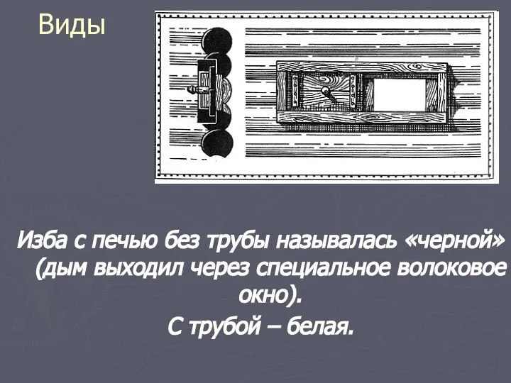 Виды Изба с печью без трубы называлась «черной»(дым выходил через специальное