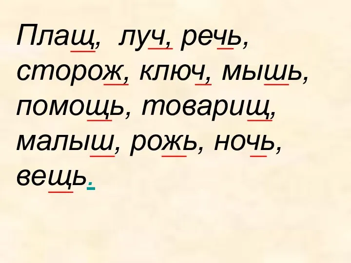 Плащ, луч, речь, сторож, ключ, мышь, помощь, товарищ, малыш, рожь, ночь, вещь.