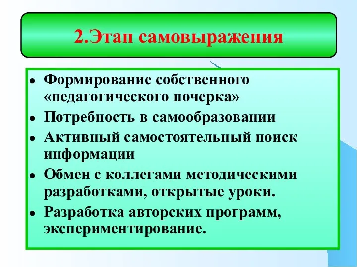 Формирование собственного «педагогического почерка» Потребность в самообразовании Активный самостоятельный поиск информации