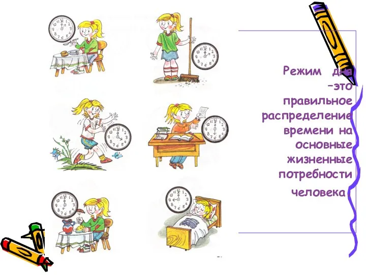 Режим дня –это правильное распределение времени на основные жизненные потребности человека.