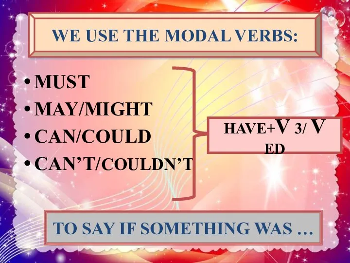 MUST MAY/MIGHT CAN/COULD CAN’T/COULDN’T WE USE THE MODAL VERBS: HAVE+V 3/