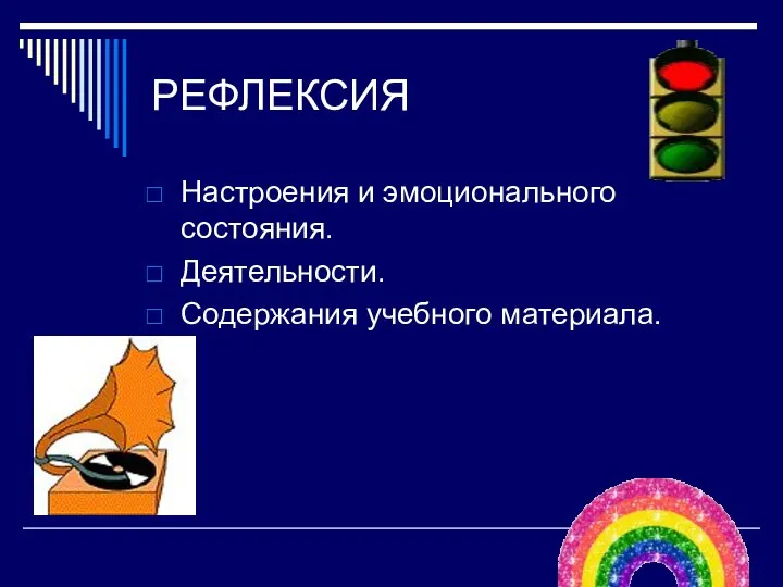 РЕФЛЕКСИЯ Настроения и эмоционального состояния. Деятельности. Содержания учебного материала.