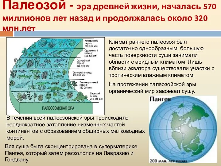 Палеозой - эра древней жизни, началась 570 миллионов лет назад и