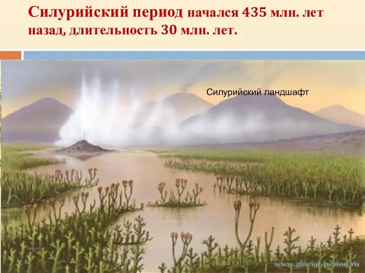 Силурийский период начался 435 млн. лет назад, длительность 30 млн. лет.