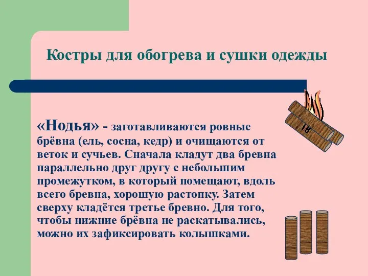 Костры для обогрева и сушки одежды «Нодья» - заготавливаются ровные брёвна