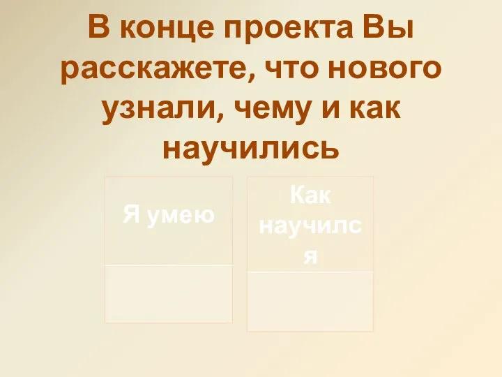 В конце проекта Вы расскажете, что нового узнали, чему и как научились