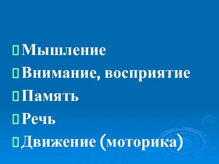 Мышление Внимание, восприятие Память Речь Движение (моторика)