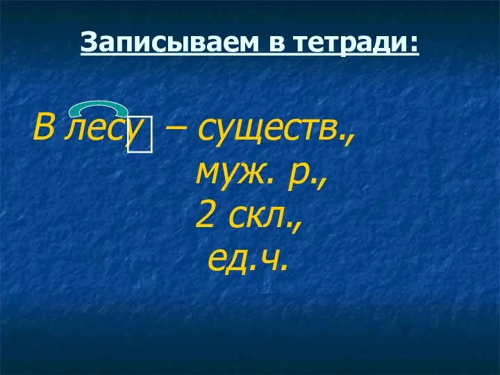 Записываем в тетради: В лесу – существ., муж. р., 2 скл., ед.ч.