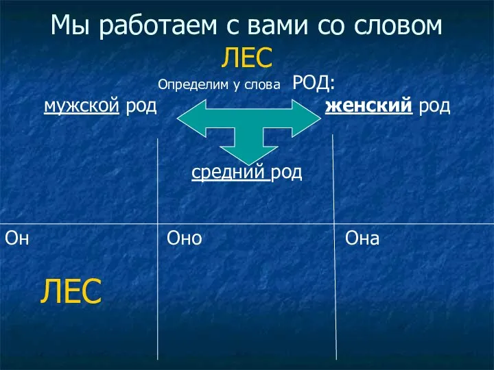 Мы работаем с вами со словом ЛЕС Определим у слова РОД: