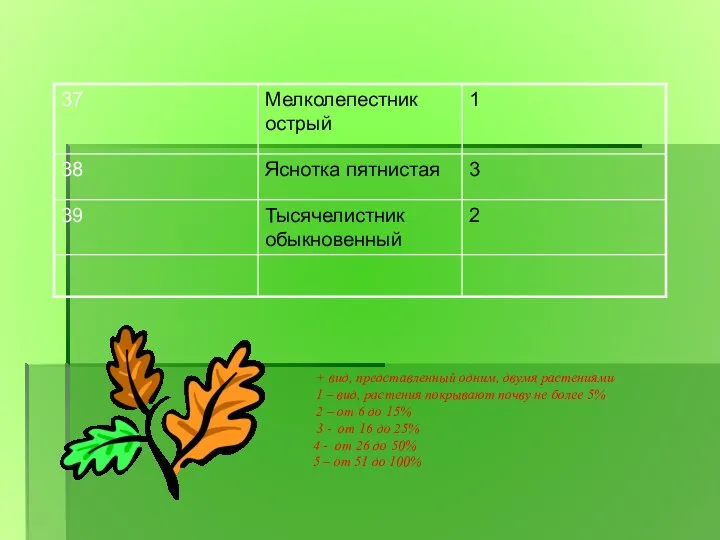 + вид, представленный одним, двумя растениями 1 – вид, растения покрывают