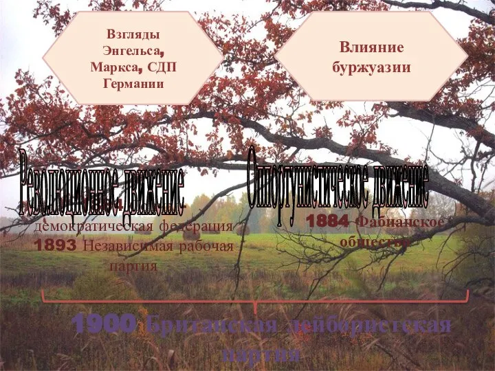 Влияние буржуазии 1884 Социал-демократическая федерация 1893 Независимая рабочая партия 1884 Фабианское