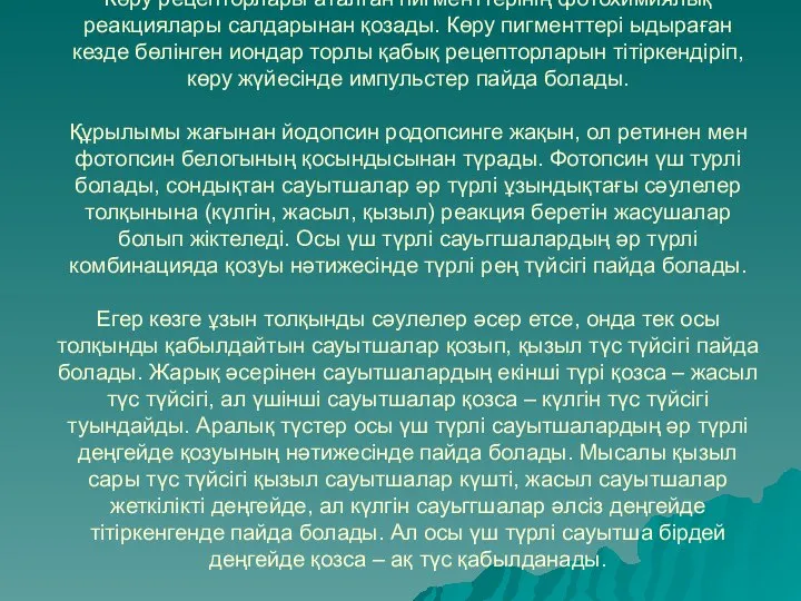 Көру рецепторлары аталған пигменттерінің фотохимиялық реакциялары салдарынан қозады. Көру пигменттері ыдыраған