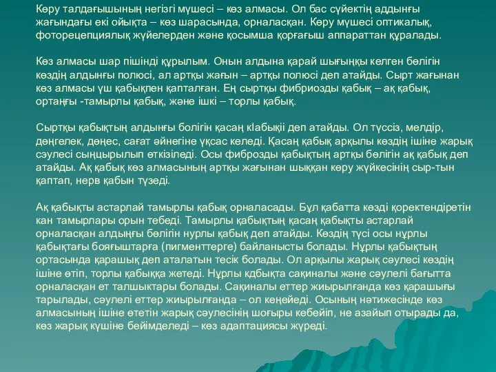 Көру талдағышының негізгі мүшесі – көз алмасы. Ол бас сүйектің аддынғы