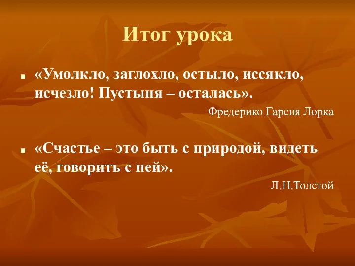 Итог урока «Умолкло, заглохло, остыло, иссякло, исчезло! Пустыня – осталась». Фредерико