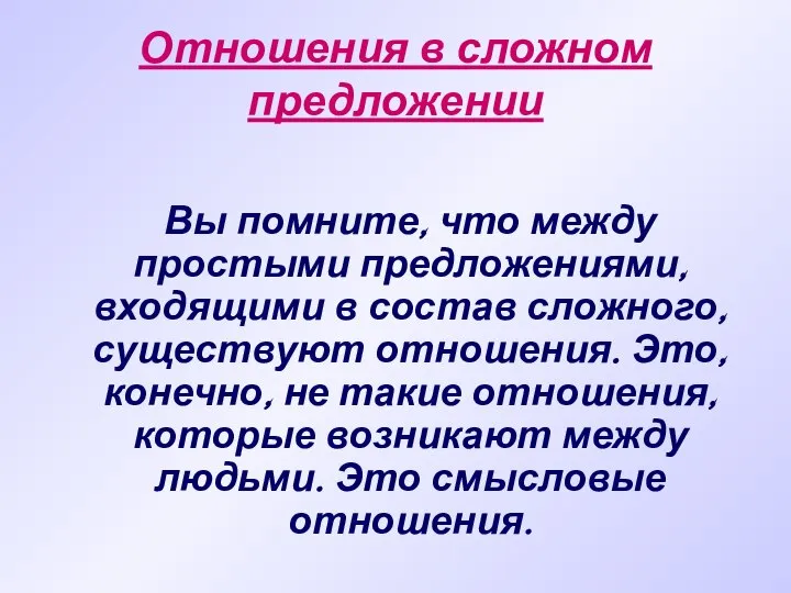 Отношения в сложном предложении Вы помните, что между простыми предложениями, входящими