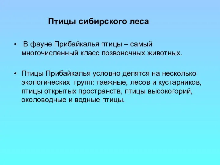 В фауне Прибайкалья птицы – самый многочисленный класс позвоночных животных. Птицы