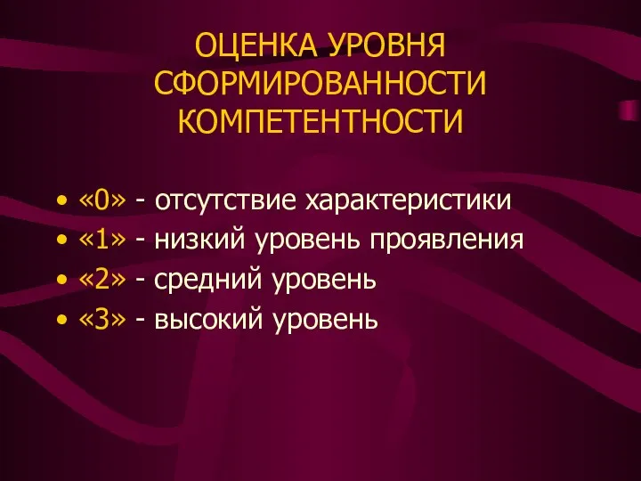 ОЦЕНКА УРОВНЯ СФОРМИРОВАННОСТИ КОМПЕТЕНТНОСТИ «0» - отсутствие характеристики «1» - низкий