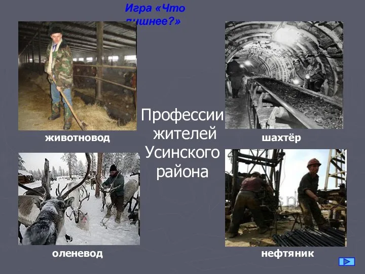 Игра «Что лишнее?» Профессии жителей Усинского района животновод шахтёр оленевод нефтяник