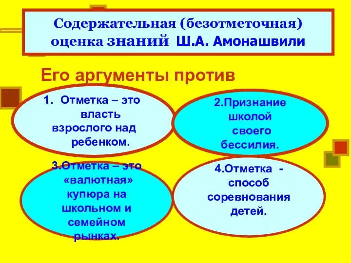 Содержательная (безотметочная) оценка знаний Ш.А. Амонашвили Его аргументы против отметок: Отметка