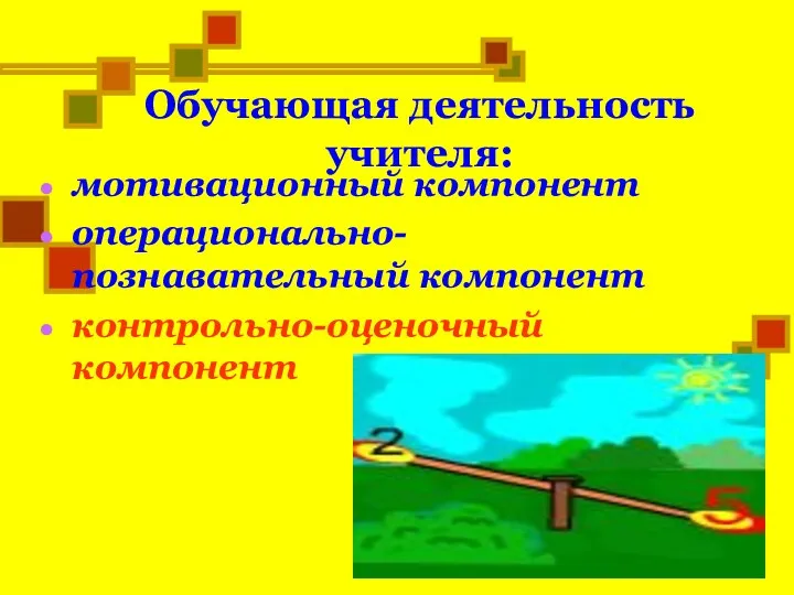 Обучающая деятельность учителя: мотивационный компонент операционально-познавательный компонент контрольно-оценочный компонент