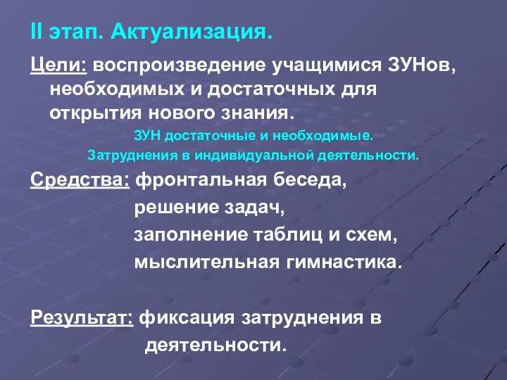 II этап. Актуализация. Цели: воспроизведение учащимися ЗУНов, необходимых и достаточных для