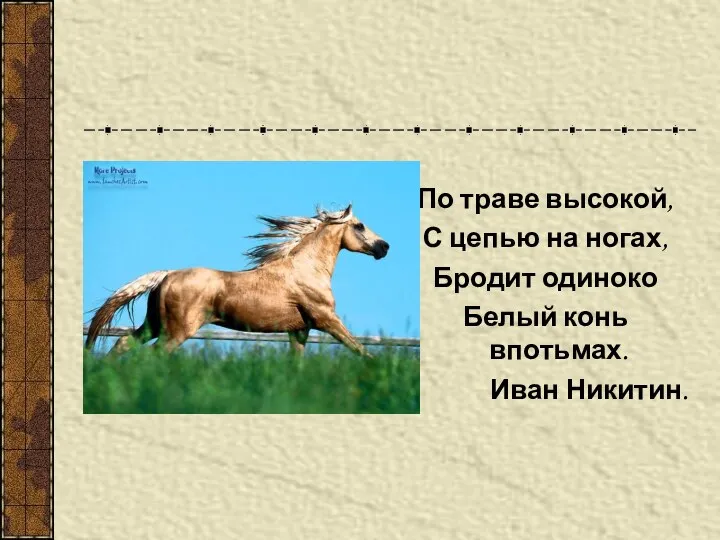 По траве высокой, С цепью на ногах, Бродит одиноко Белый конь впотьмах. Иван Никитин.