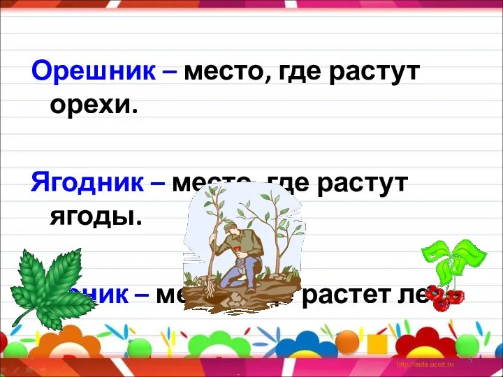 Орешник – место, где растут орехи. Ягодник – место, где растут