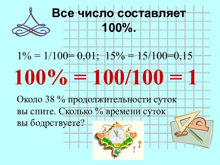 Все число составляет 100%. 1% = 1/100= 0,01; 15% = 15/100=0,15