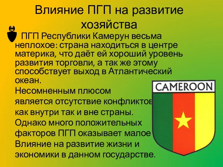 Влияние ПГП на развитие хозяйства ПГП Республики Камерун весьма неплохое: страна