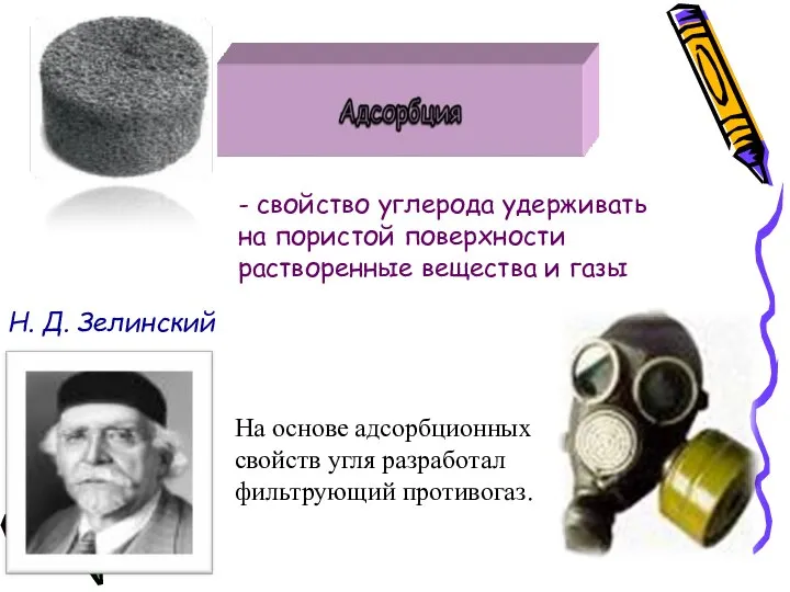 - свойство углерода удерживать на пористой поверхности растворенные вещества и газы