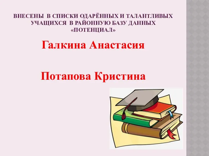 ВНЕСЕНЫ В СПИСКИ ОДАРЁННЫХ И ТАЛАНТЛИВЫХ УЧАЩИХСЯ В РАЙОННУЮ БАЗУ ДАННЫХ «ПОТЕНЦИАЛ» Галкина Анастасия Потапова Кристина