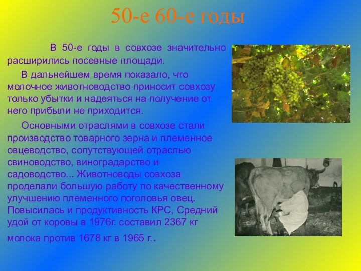 50-е 60-е годы В 50-е годы в совхозе значительно расширились посевные