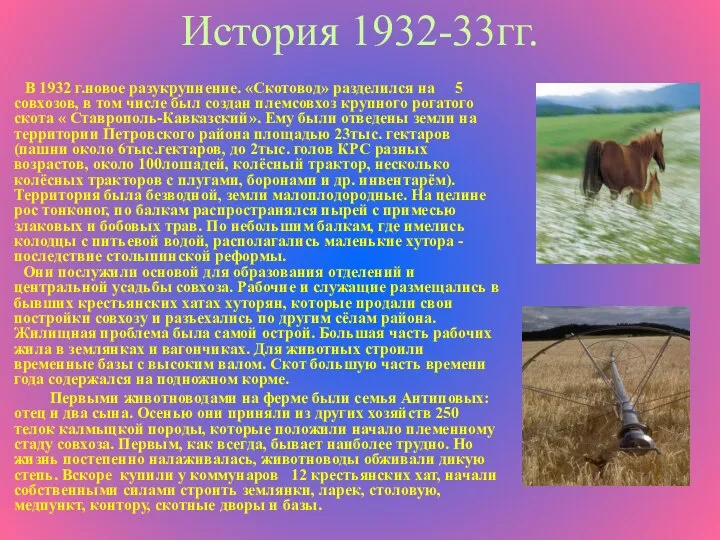 История 1932-33гг. В 1932 г.новое разукрупнение. «Скотовод» разделился на 5 совхозов,