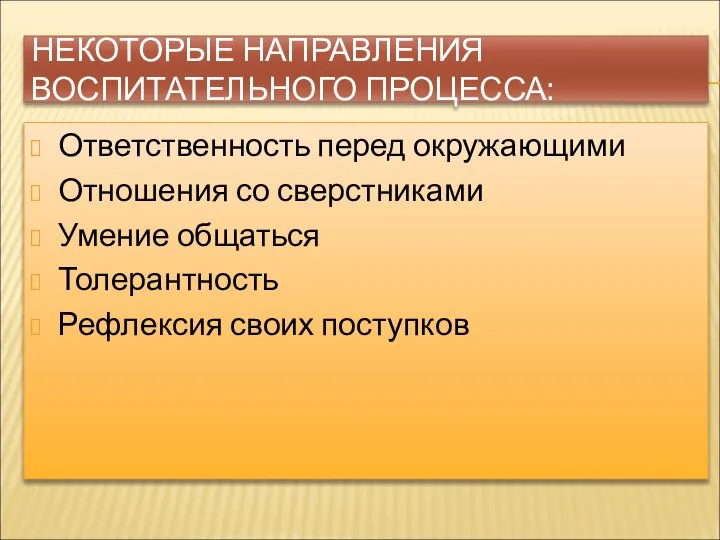 НЕКОТОРЫЕ НАПРАВЛЕНИЯ ВОСПИТАТЕЛЬНОГО ПРОЦЕССА: Ответственность перед окружающими Отношения со сверстниками Умение общаться Толерантность Рефлексия своих поступков