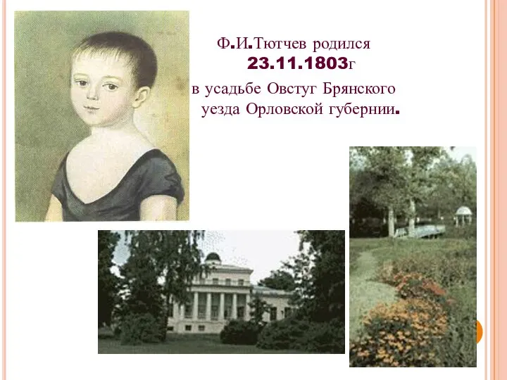 Ф.И.Тютчев родился 23.11.1803г в усадьбе Овстуг Брянского уезда Орловской губернии.