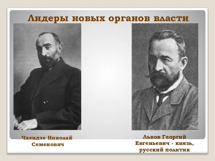 Лидеры новых органов власти Чхеидзе Николай Семенович Львов Георгий Евгеньевич - князь, русский политик