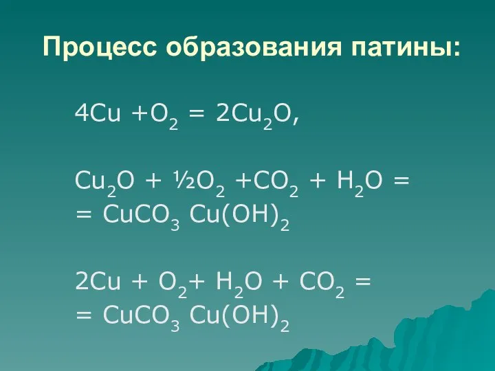 Процесс образования патины: 4Сu +О2 = 2Cu2O, Cu2O + ½О2 +CO2