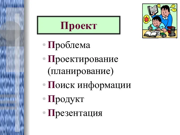 Проблема Проектирование (планирование) Поиск информации Продукт Презентация Проект