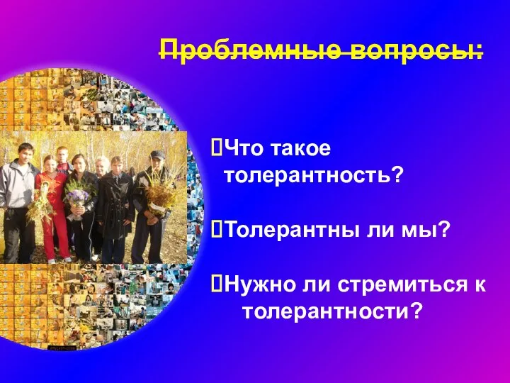 Проблемные вопросы: Что такое толерантность? Толерантны ли мы? Нужно ли стремиться к толерантности?