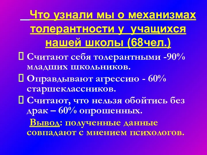 Что узнали мы о механизмах толерантности у учащихся нашей школы (68чел.)