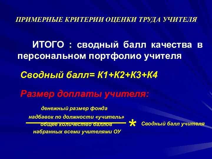 ПРИМЕРНЫЕ КРИТЕРИИ ОЦЕНКИ ТРУДА УЧИТЕЛЯ ИТОГО : сводный балл качества в